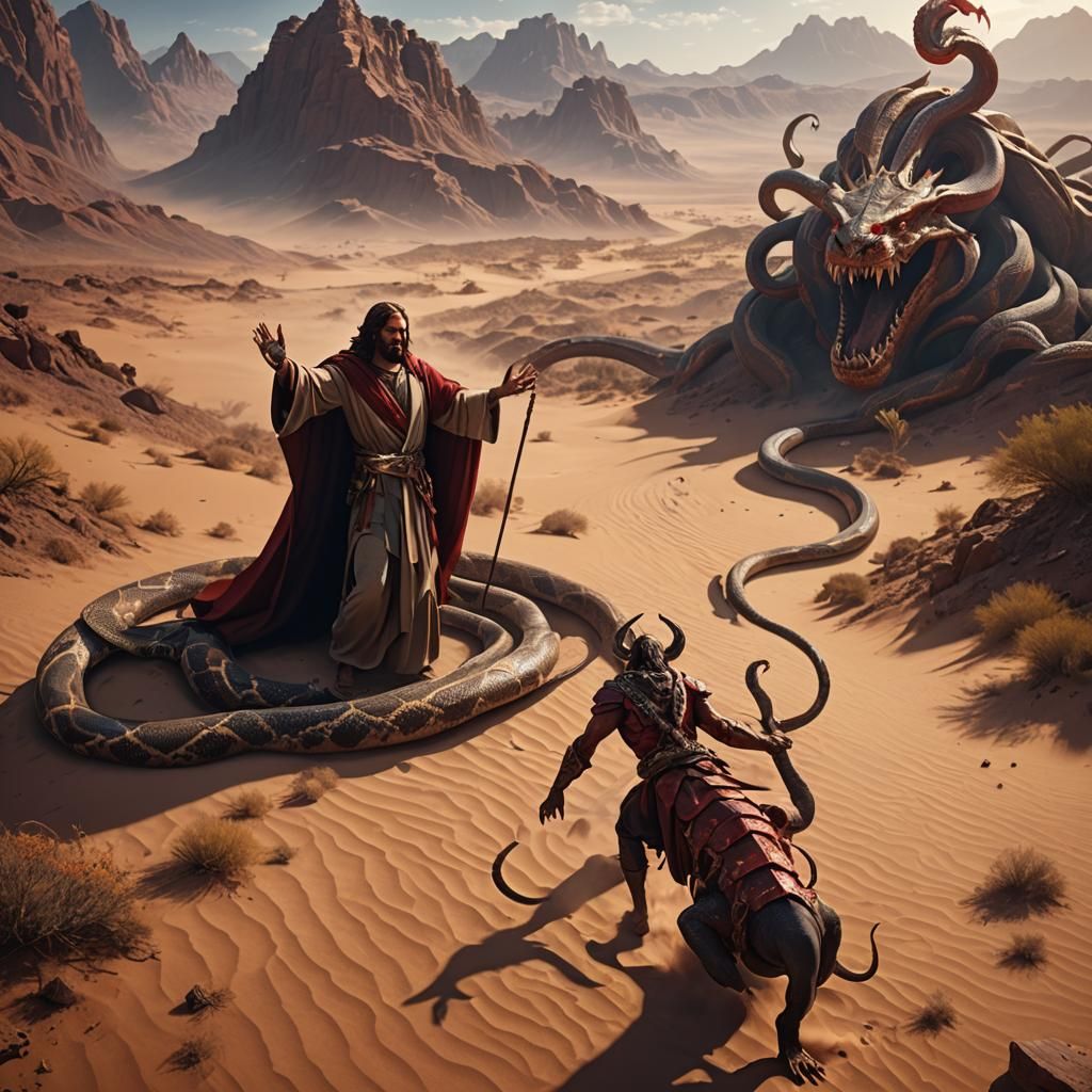 Jesus Tempted by Devil in Desert Landscape