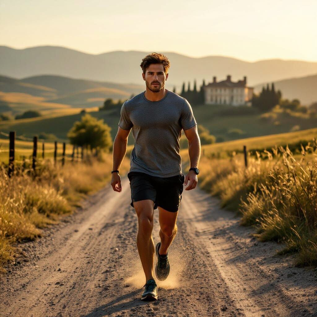 Man Strides Down Country Road at Golden Hour
