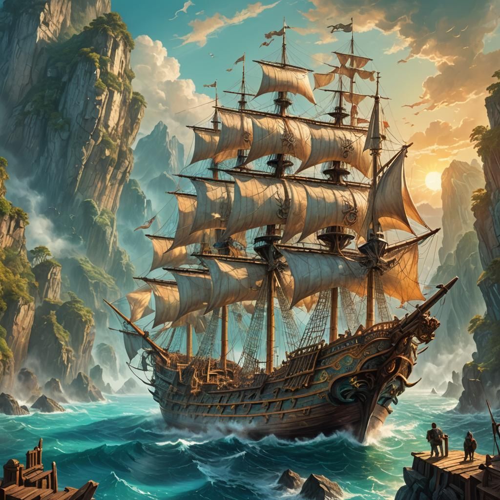 Ornate Pirate Ship Sailing in Turquoise Waters