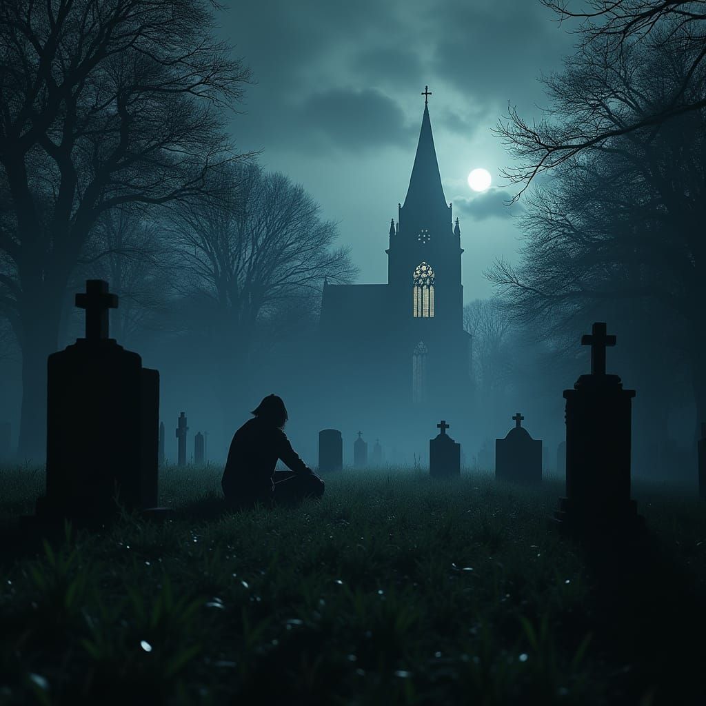Surreal Cemetery Scene at Midnight in Dark, Muted Tones