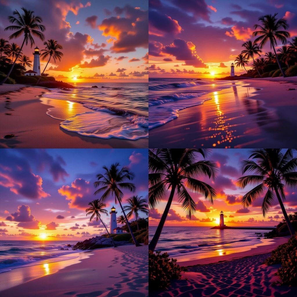 Realistic Beach Sunset with Palm Trees and Lighthouse