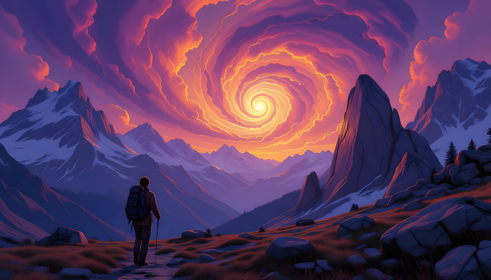 Man Hiking Swiss Alps Amidst Crystalline Rocks and Nebula Sk...