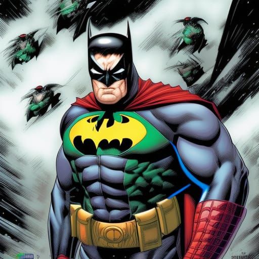 A Batman Spider-Man Superman Hulk hybrid"