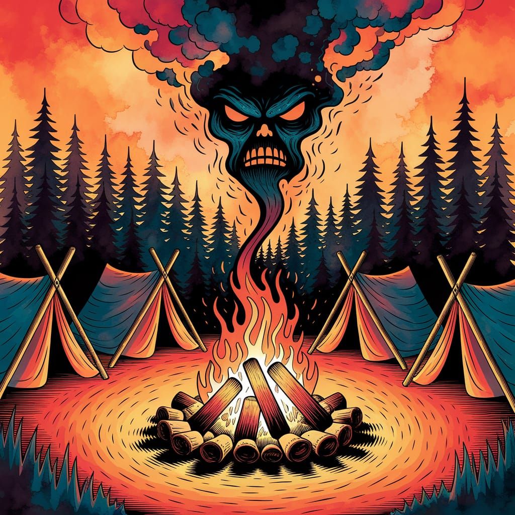 Campfire Scene with Angry Smoke, Intricate Tents, and Vibran...