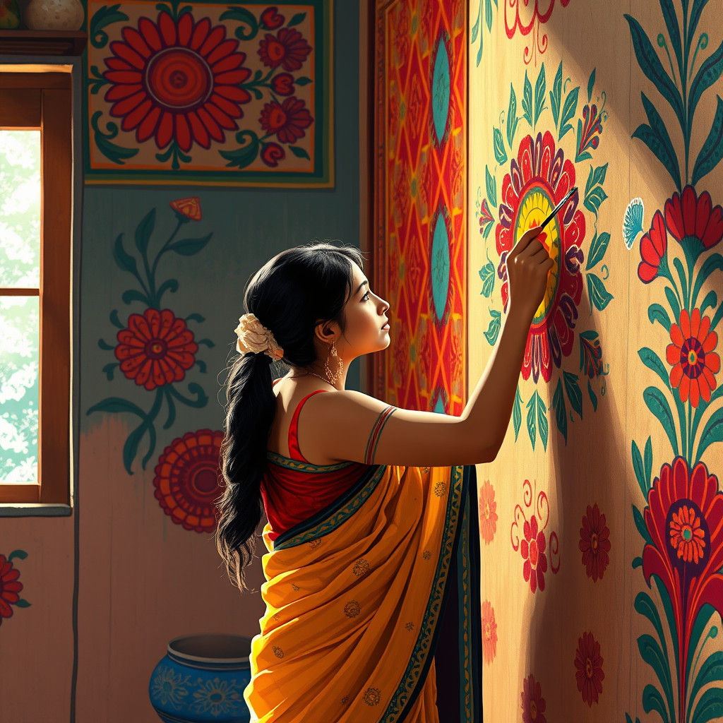 Woman Creates Madhubani Art in Anime Style