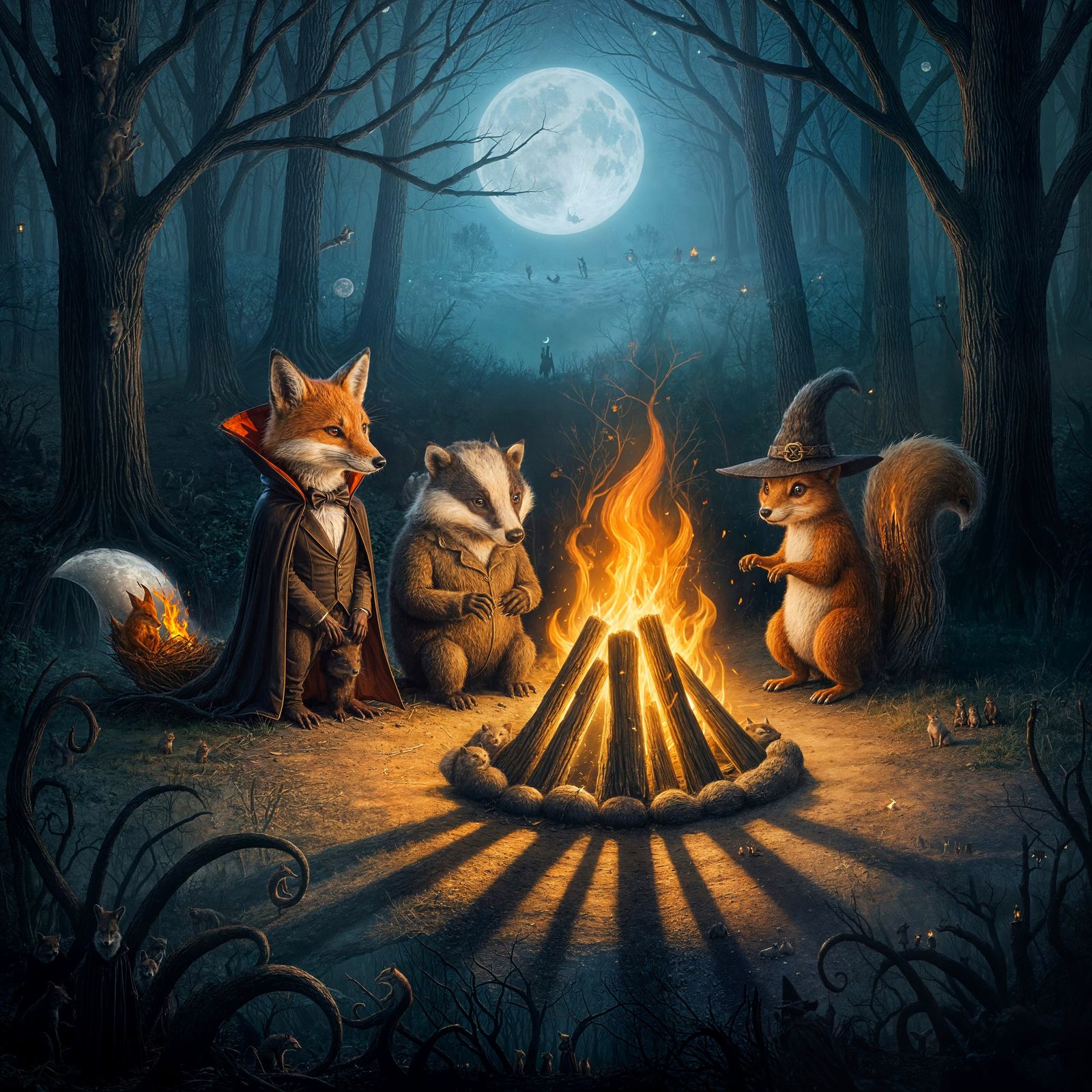 Woodland Creatures Celebrate Halloween Around Bonfire