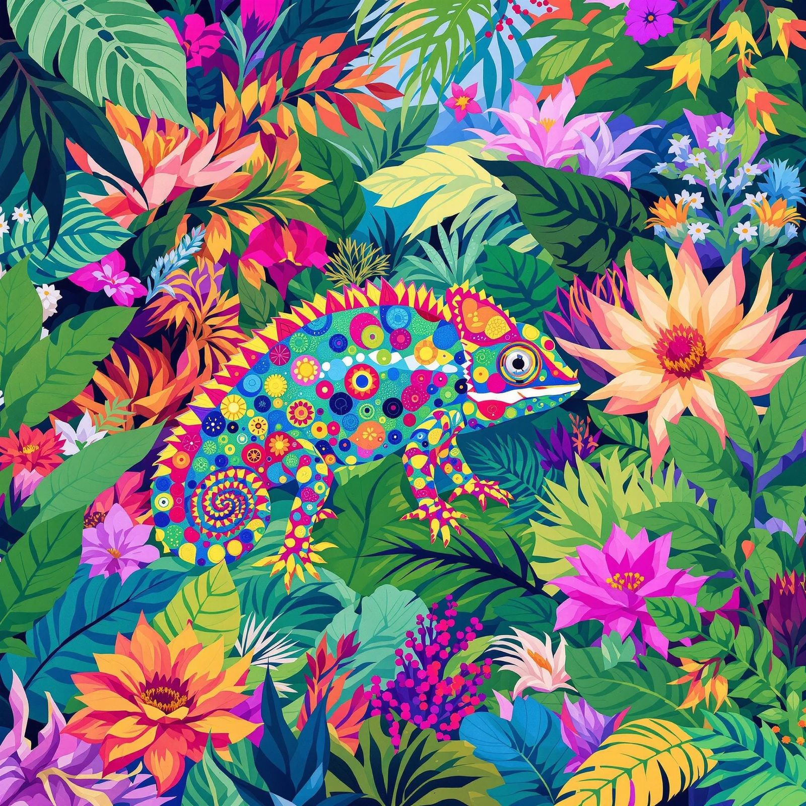 Vibrant Jungle Chameleon in Playful Digital Art