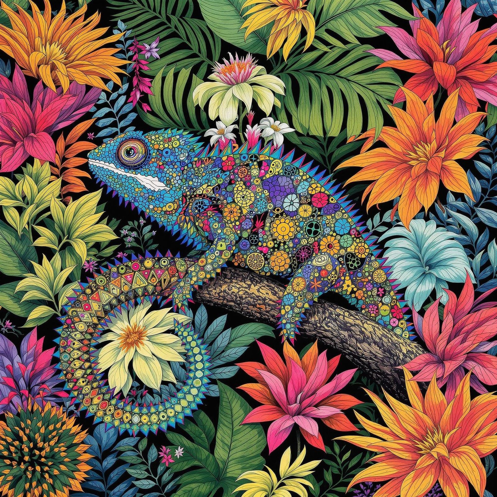 Vibrant Jungle Chameleon in Whimsical Style