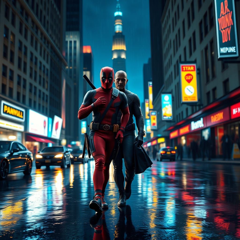 Dynamic Duo Walks Under Budapest's Neon Rainy Night