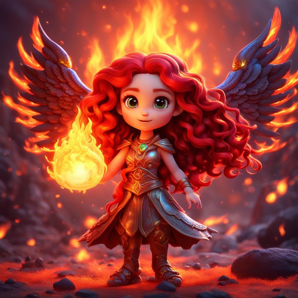 Hyperrealistic Chibi Fire Goddess with Volcano