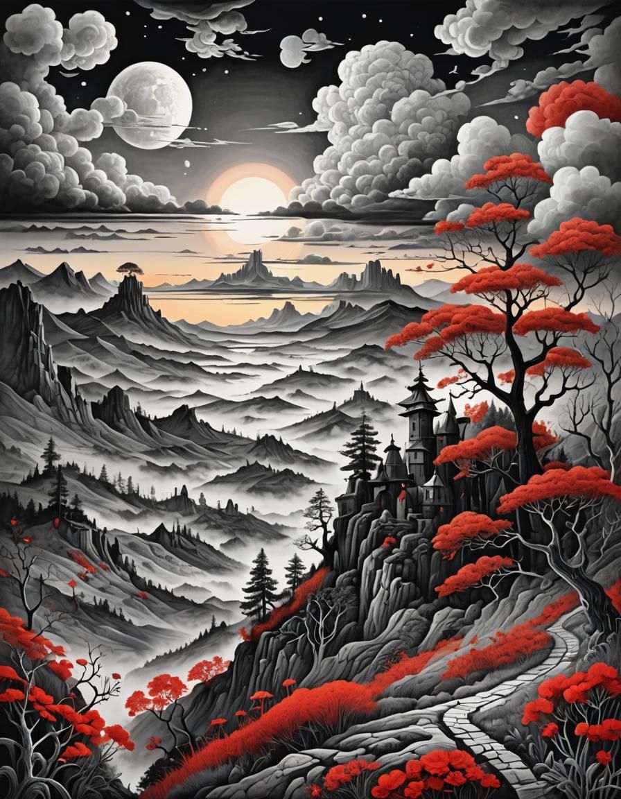 Surreal Black, White and Red Landscape in Acrylic Art