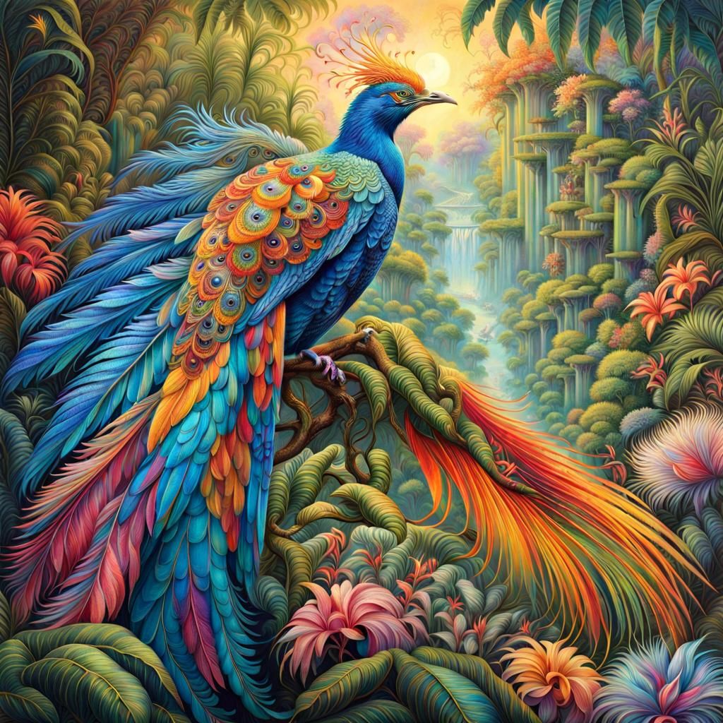 Colorful Paradise Bird in Detailed Jungle Scene