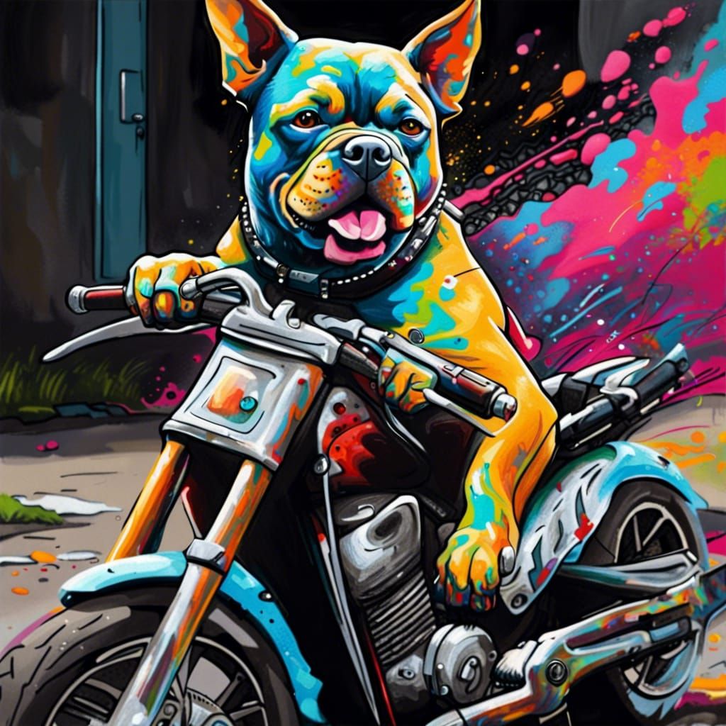 Dog Rides Motorcycle in Graffiti Street Art