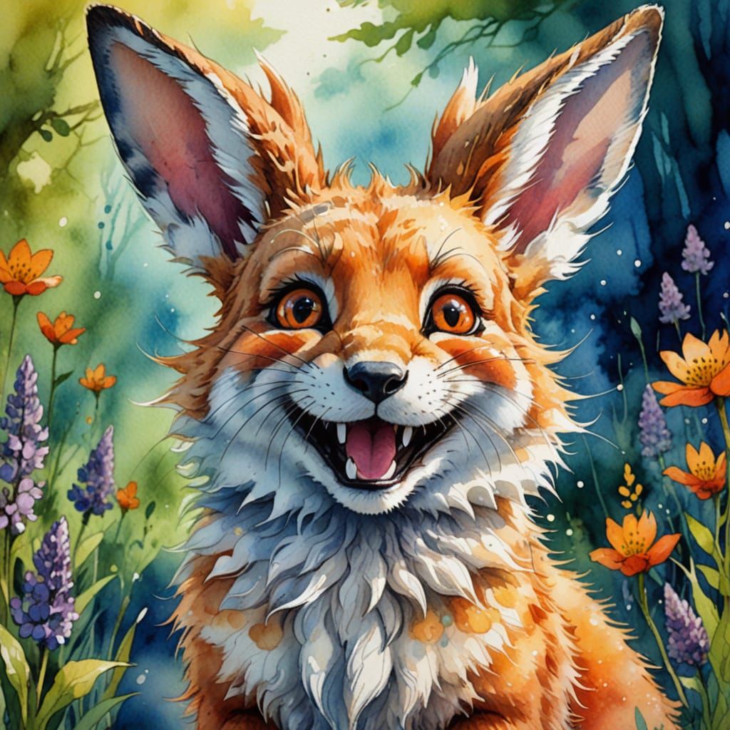 Laughing Rabbit Fox in Watercolor Style