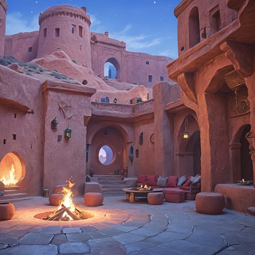 Desert Hogwarts Common Room with Bioluminescent Fire Pit