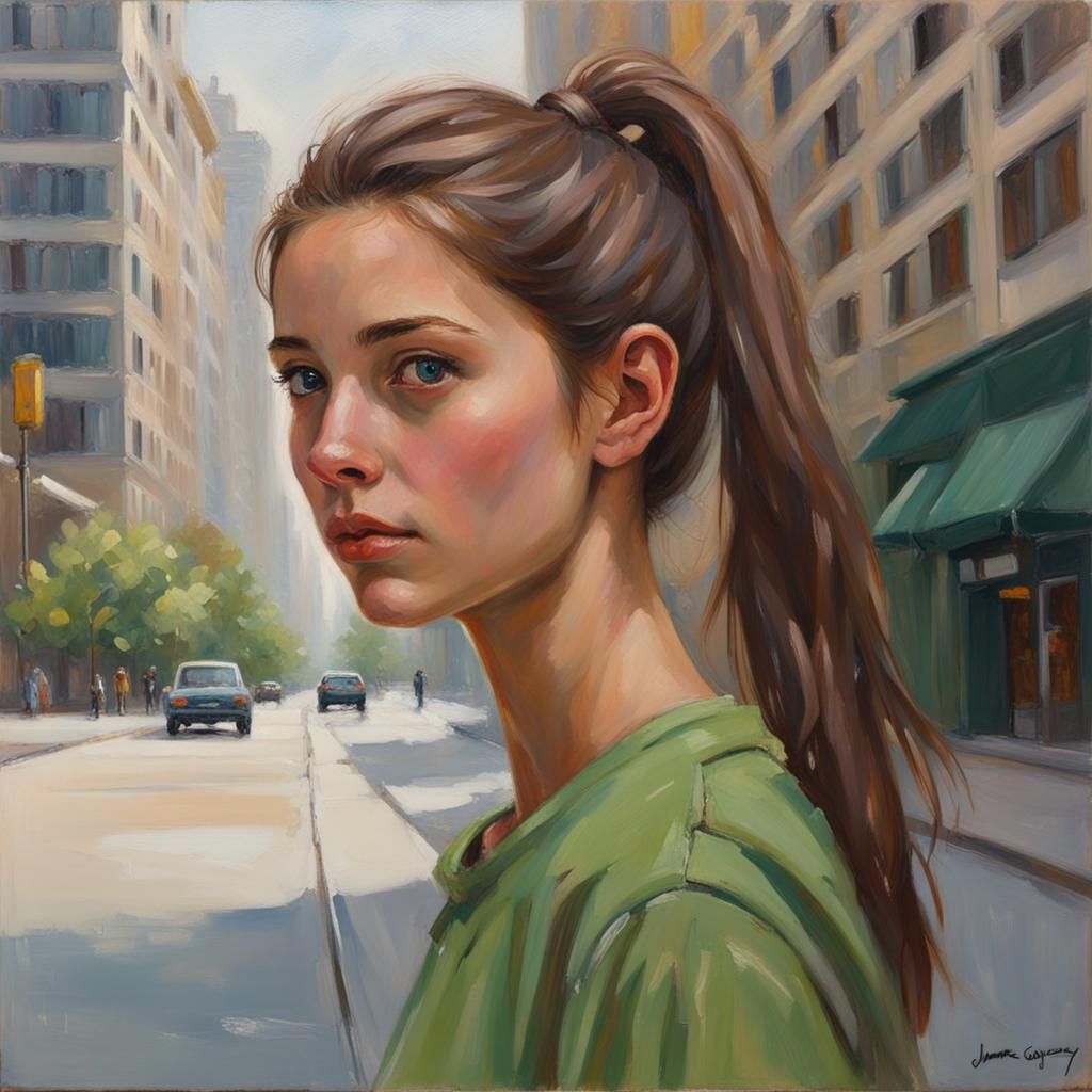 Aesthetic Teenage Girl in City, Oil Painting