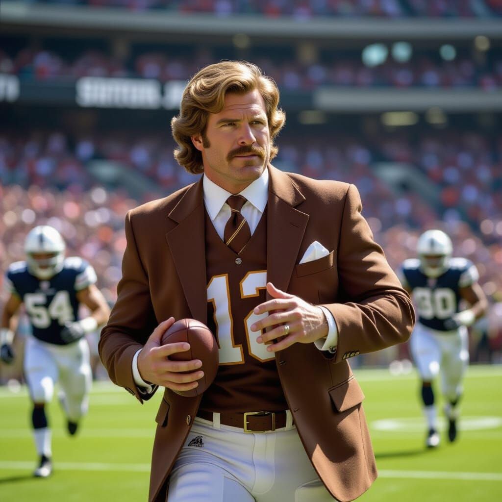 Ron Burgundy in Football Gear: Sunny Stadium Action