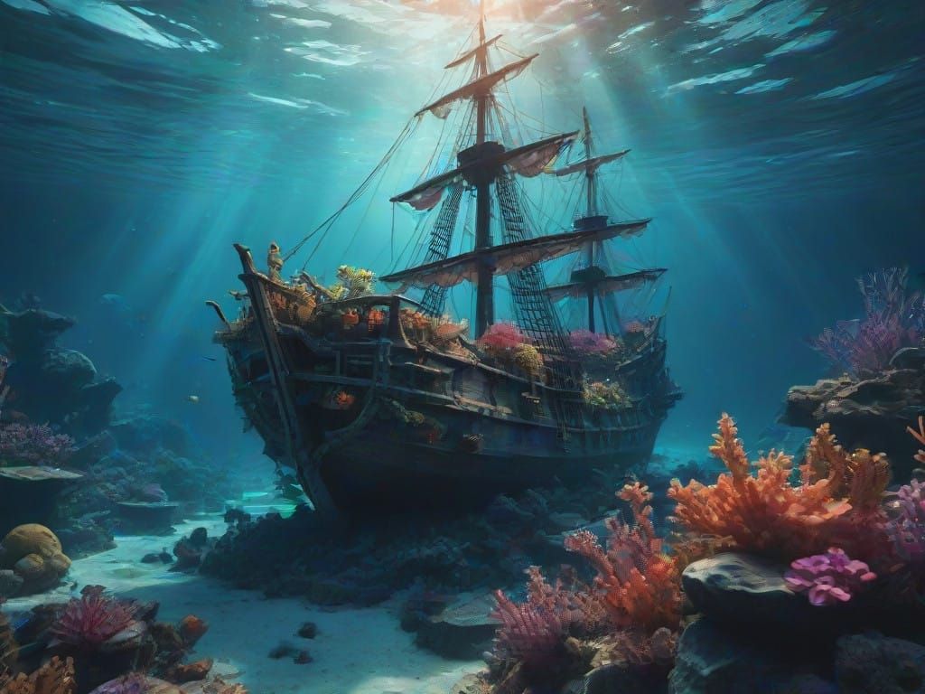Whimsical Galleon Underwater Scene in Dark Fantasy Style