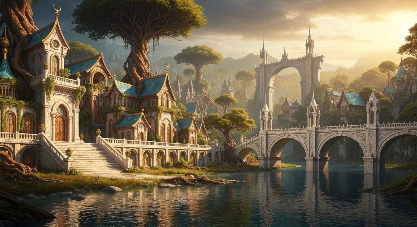 Elven Capital Arrival: Marble Bridge Over Reflective River