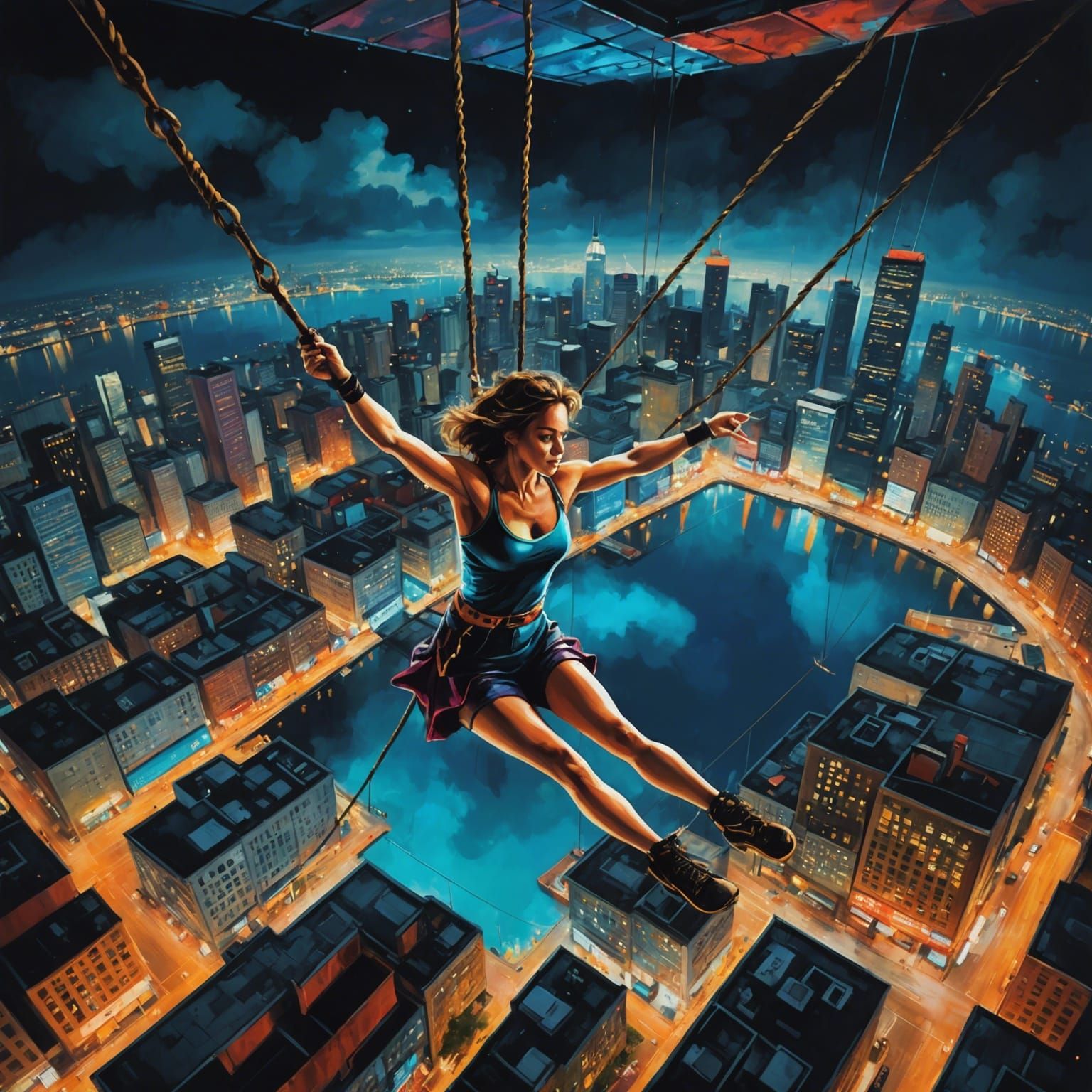 Trapeze Artist Over Cityscape in Graffiti Art Style