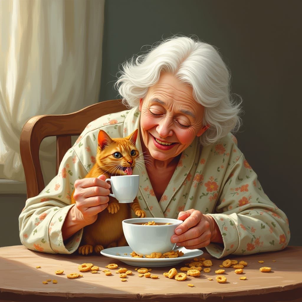 Warm Grandma Surrounded by Whimsical Morning Chaos