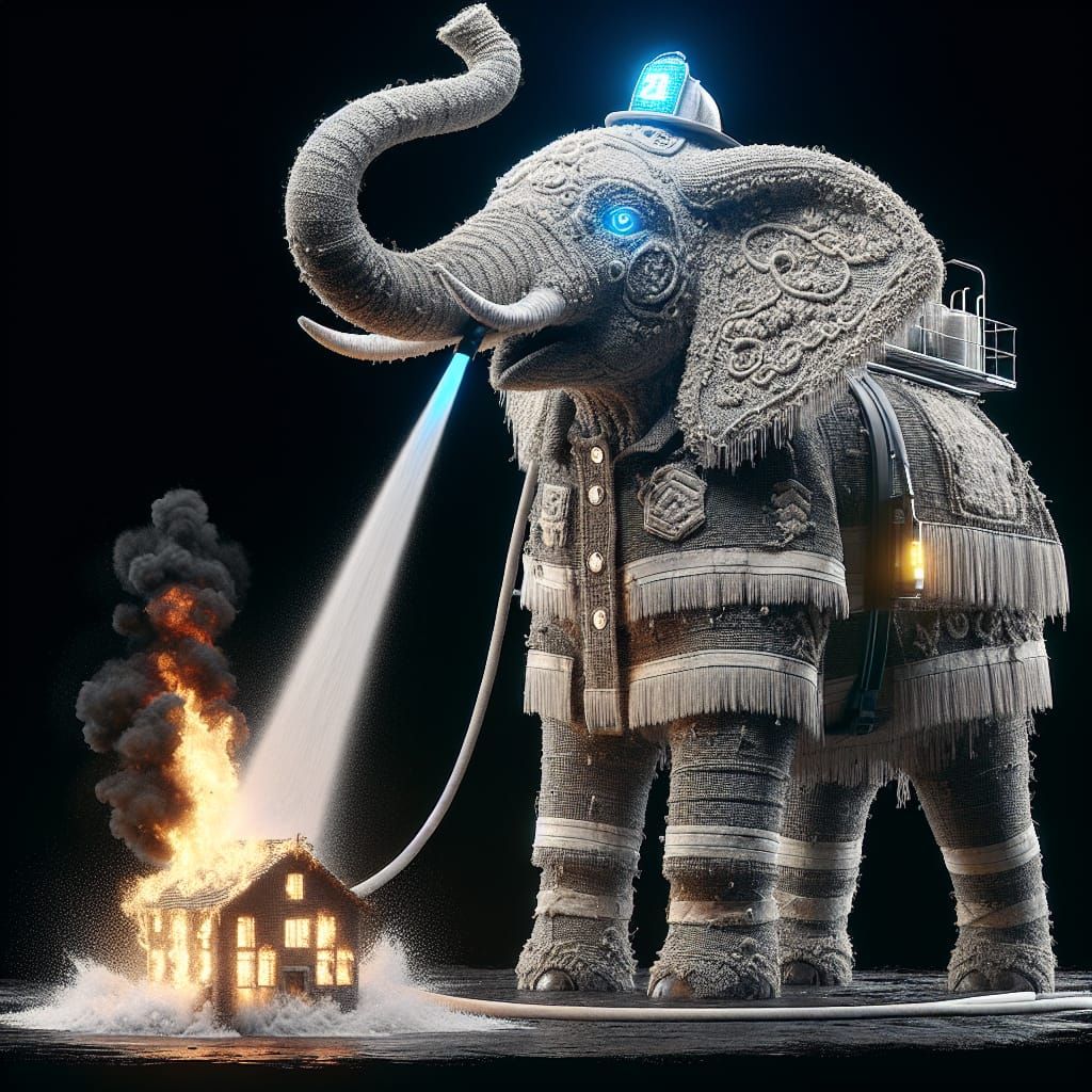 Elephant Firefighter in Hyperrealistic Animated Style