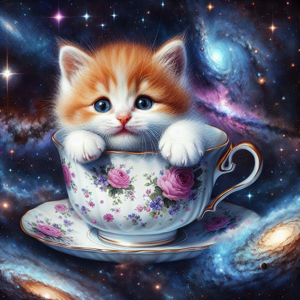 Adorable Kitten in Teacup Among Stars and Nebulae