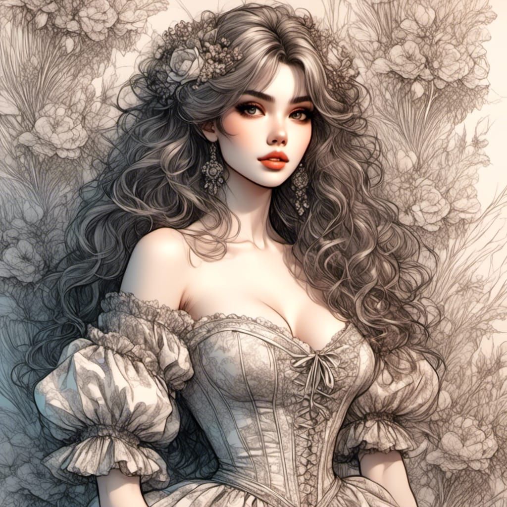 Anime Color Sketch Portrait of Curvy Woman