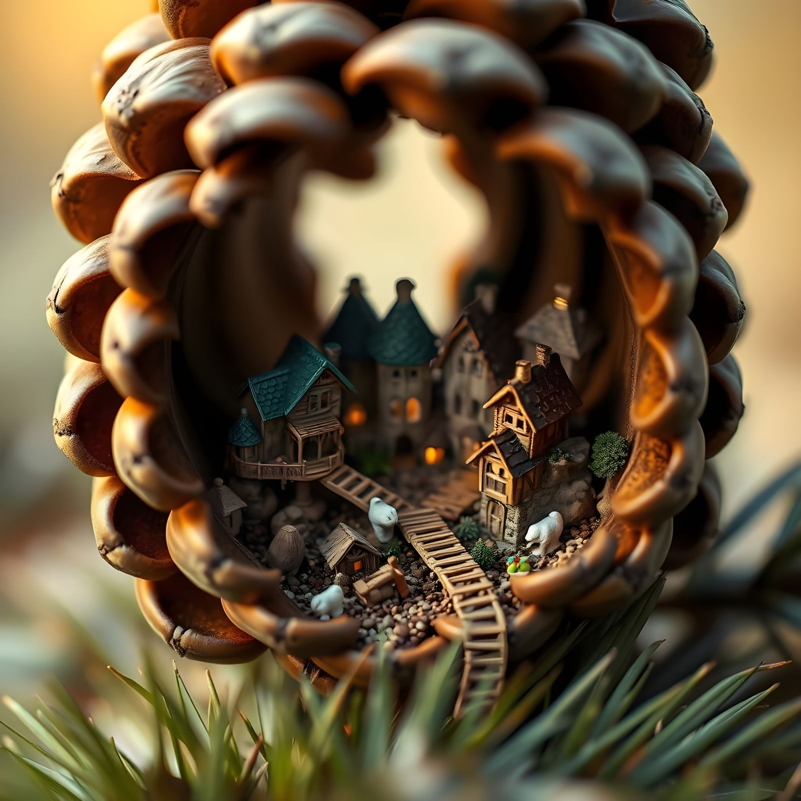 Cozy Pine Cone Village in Hyperdetailed Digital Art
