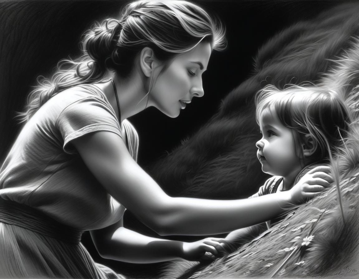 Mother and Daughter Climb Hill: Charcoal Portrait