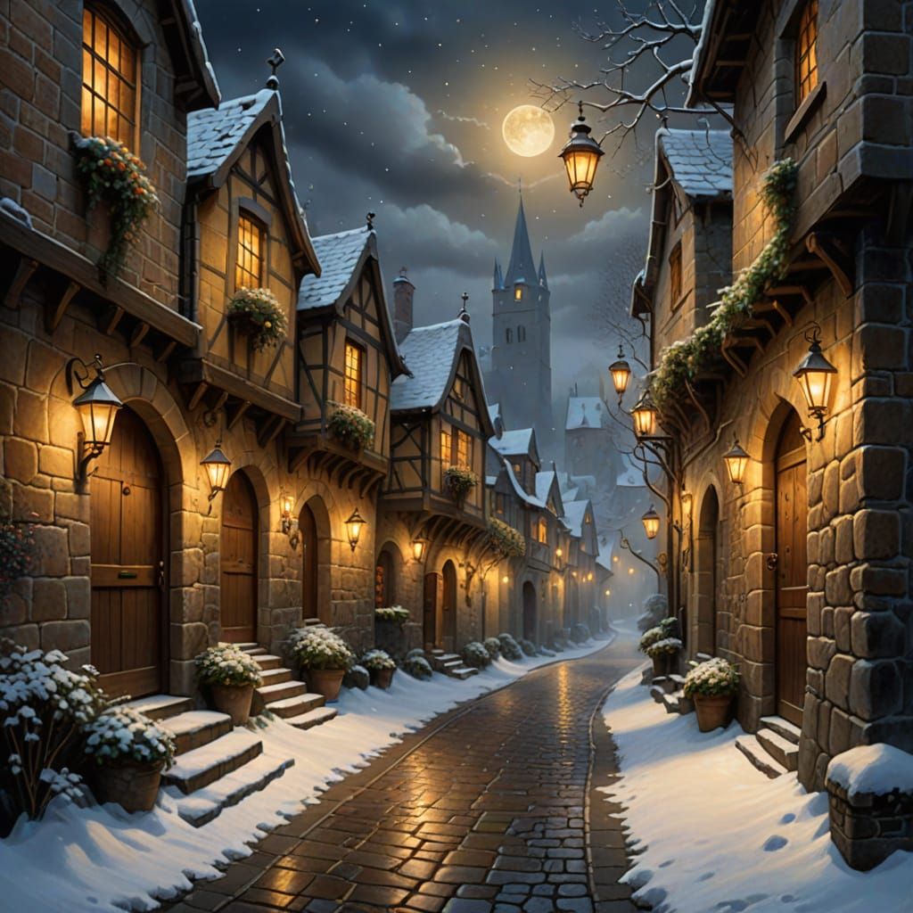 Snowy Medieval Village at Dusk in Kinkade Style