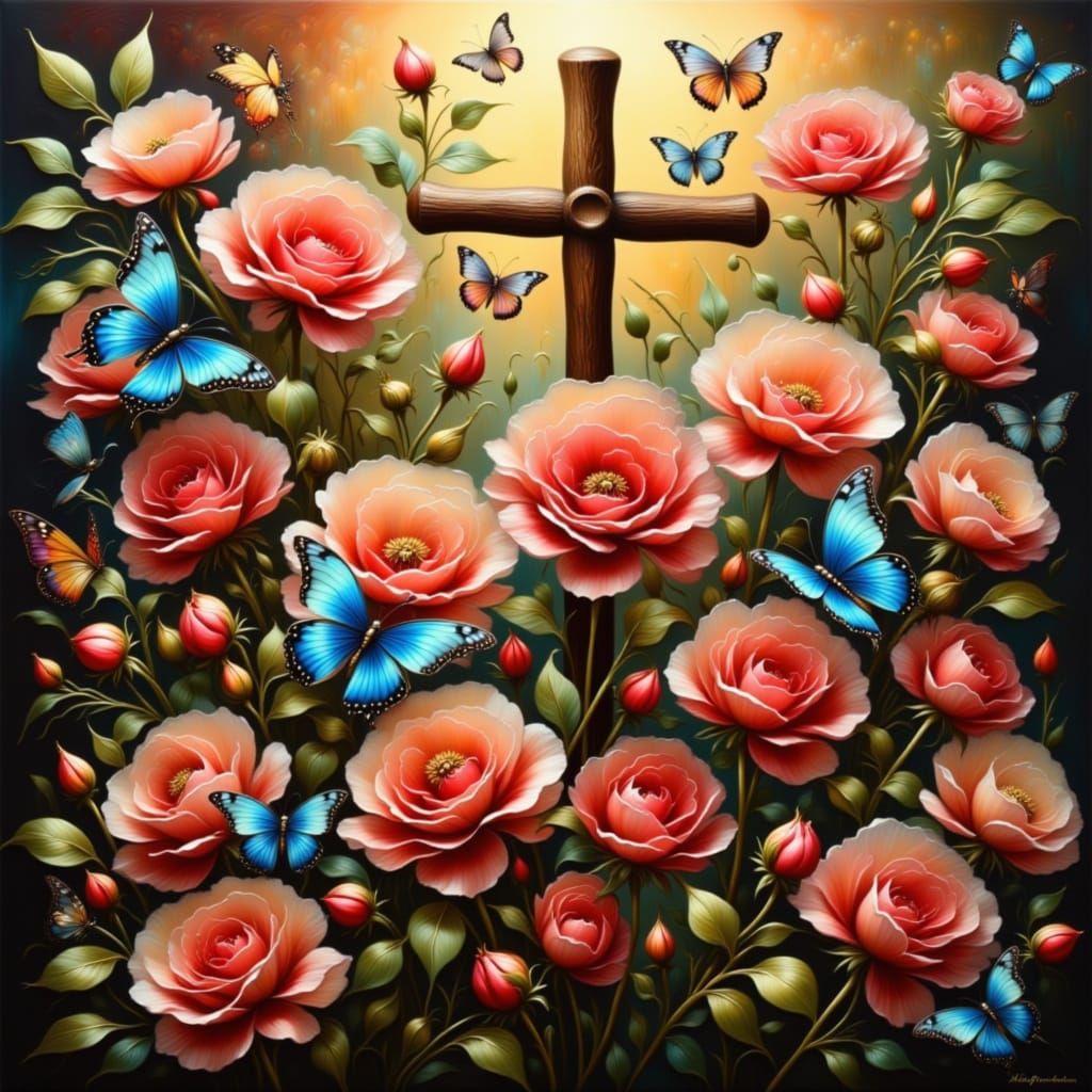 Surreal Wooden Cross Adorned with Red Roses and Feeding Butt...