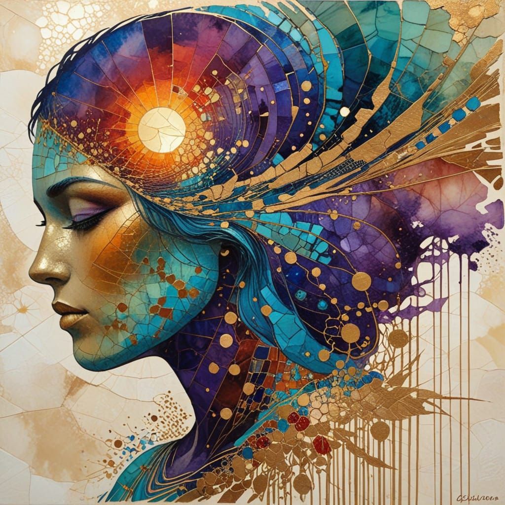 Ethereal Kintsugi Portrait Under Ocean Sunset