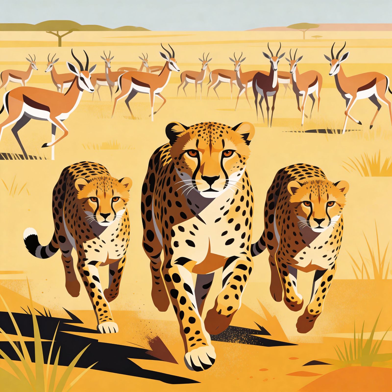 Graphic Illustration of Cheetahs Running on Savanna