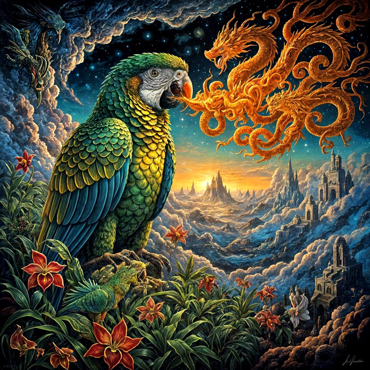 Mythic Surrealist Parrot Exhaling Dragon Smoke