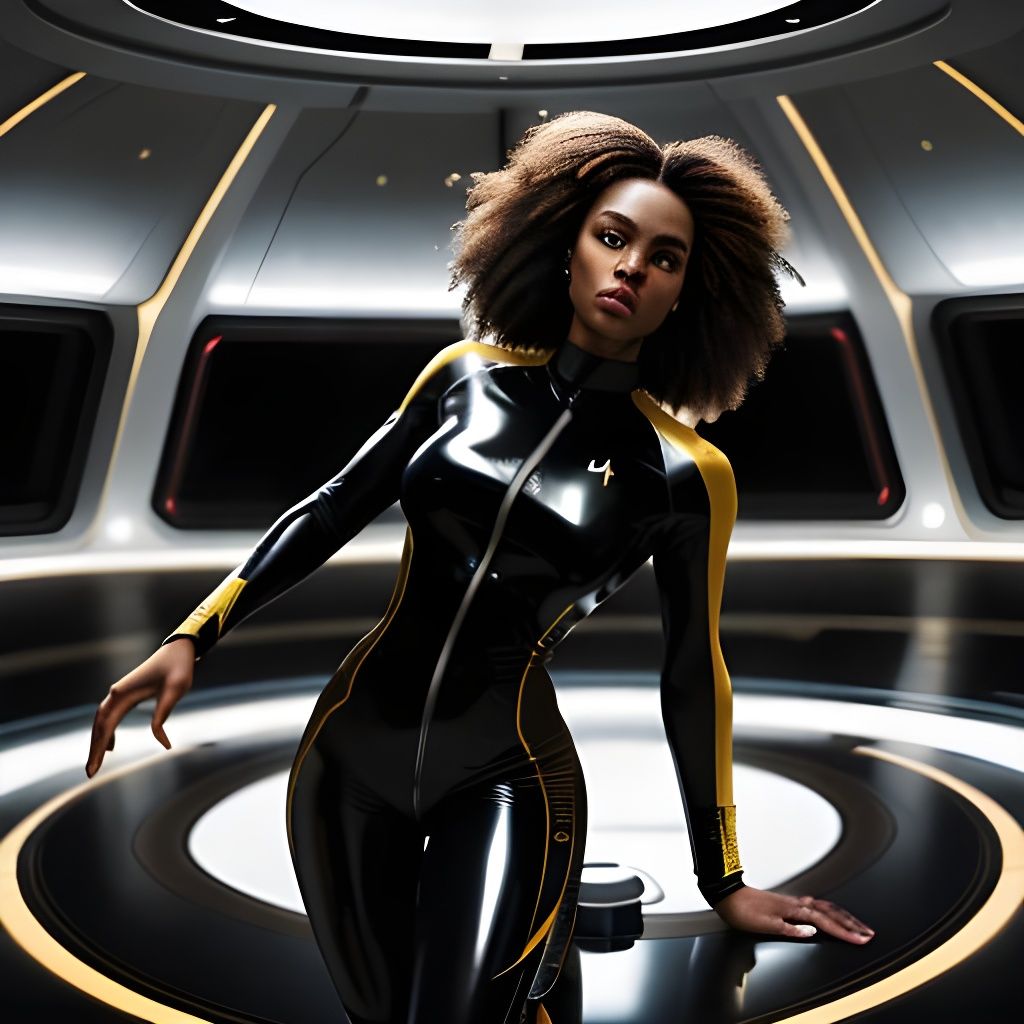 Futuristic African Woman in Shiny Bodysuit on Spaceship