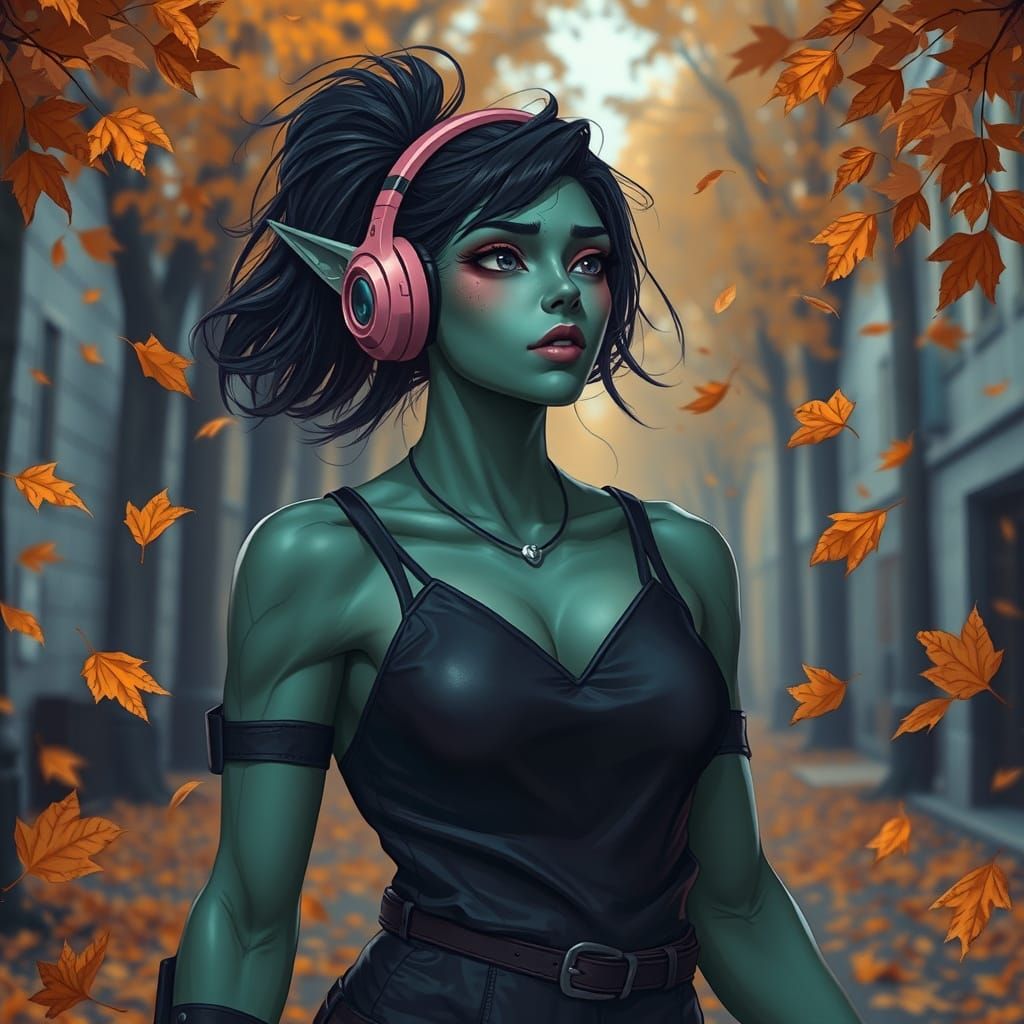 Orc Girl in Autumn Street, Futuristic Character Design