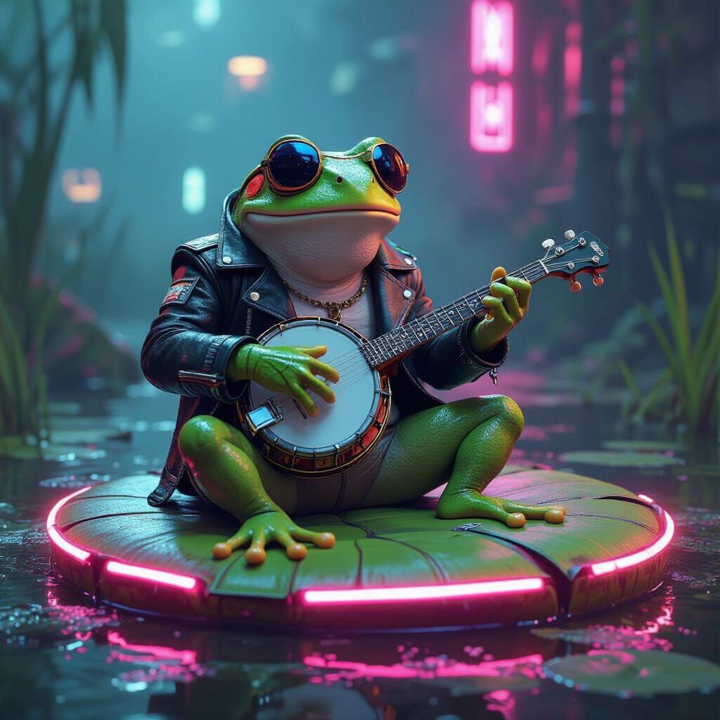 Cyberpunk Frog Musician in Polluted Neon Swamp