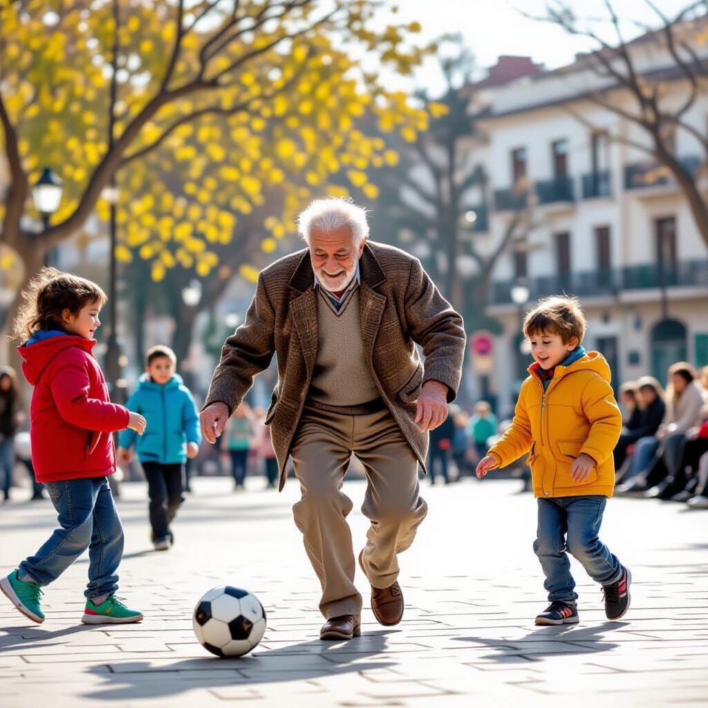 Grandfather Playing Soccer with Children in City Square
