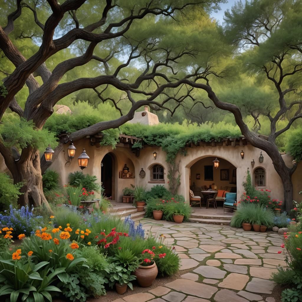 Adobe Home in Lush Scenery, Kinkade Style