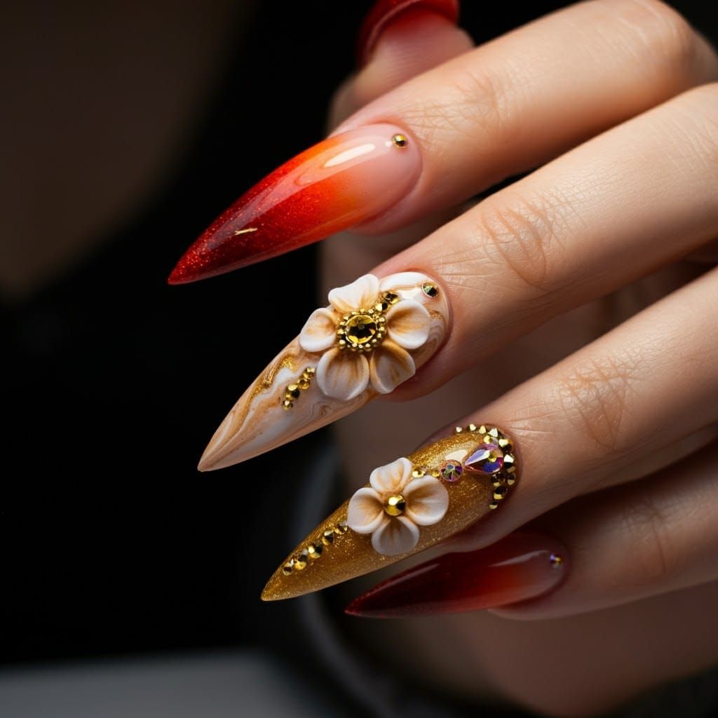 Sunset Gradient Stiletto Nails with Gold Marble Accent
