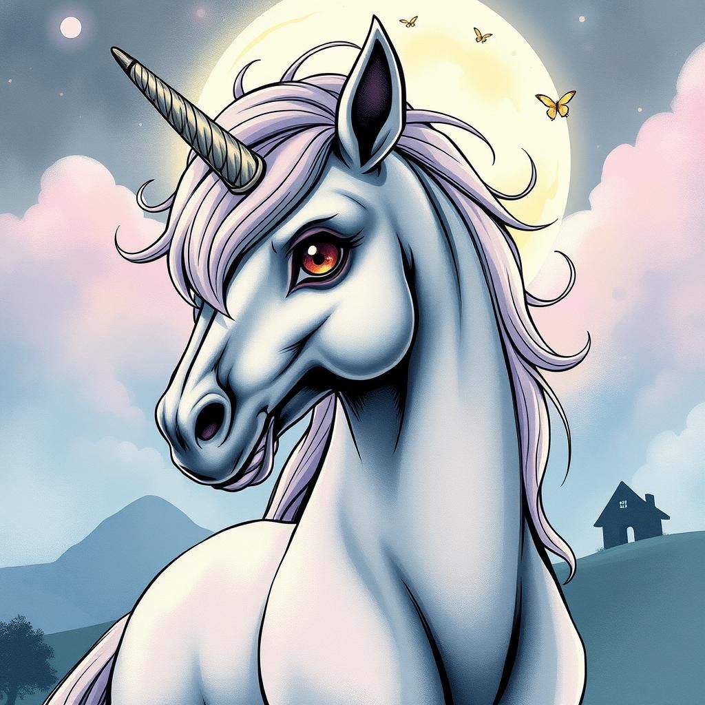 Majestic Pony in Surreal Dreamscape, Ink Drawing Style