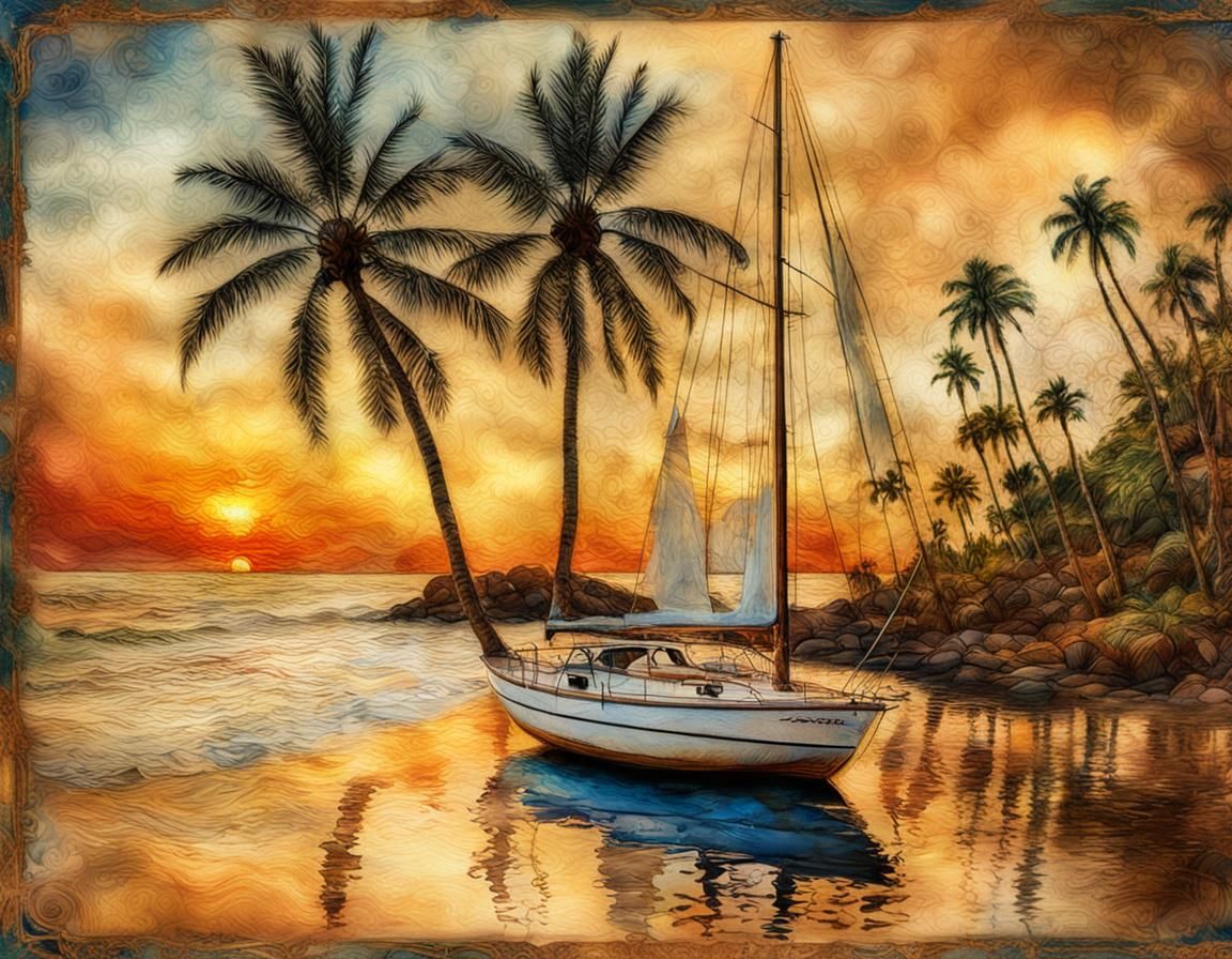 Sunset Beach Scene with Sailboat in Mixed Media