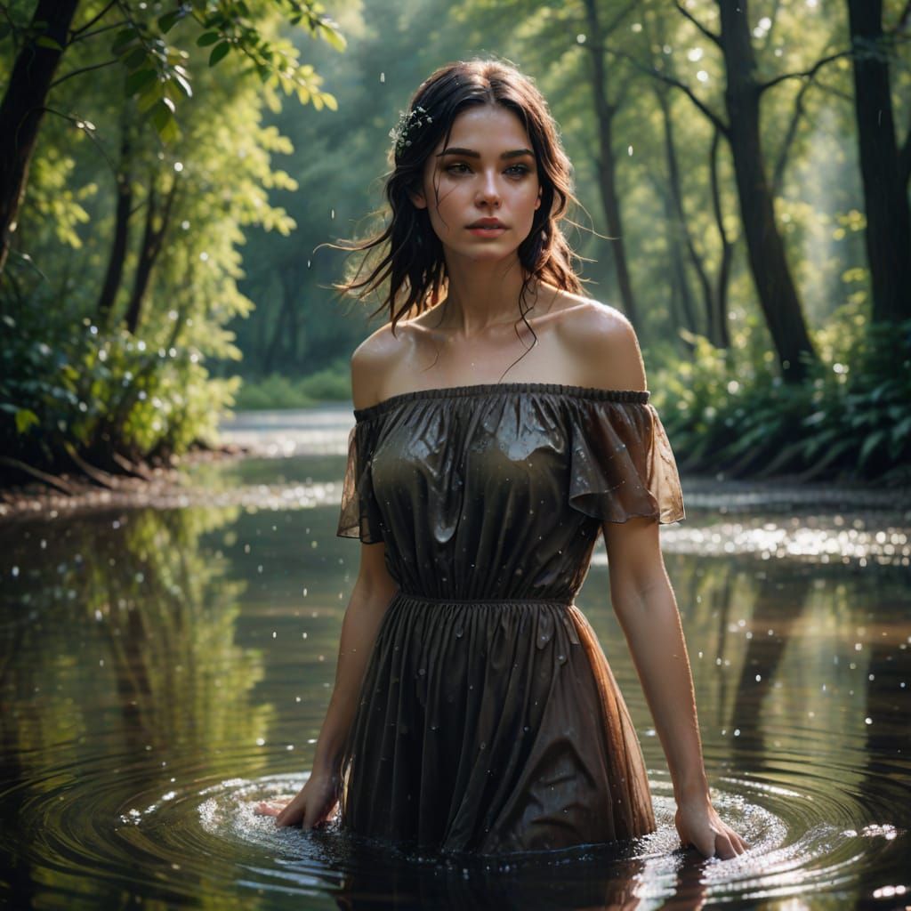 Serene Summer Goddess in Wet Forest Landscape