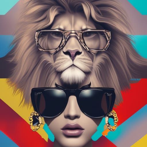 Elegant Hipster Lion Portrait in Art Nouveau Style