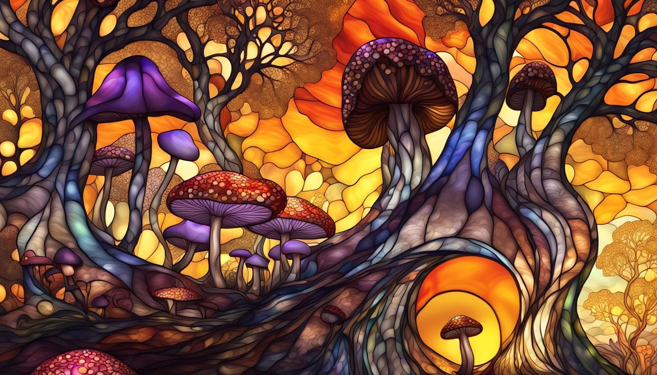 Tiffany Stained Glass Mushrooms in Woodland Scene