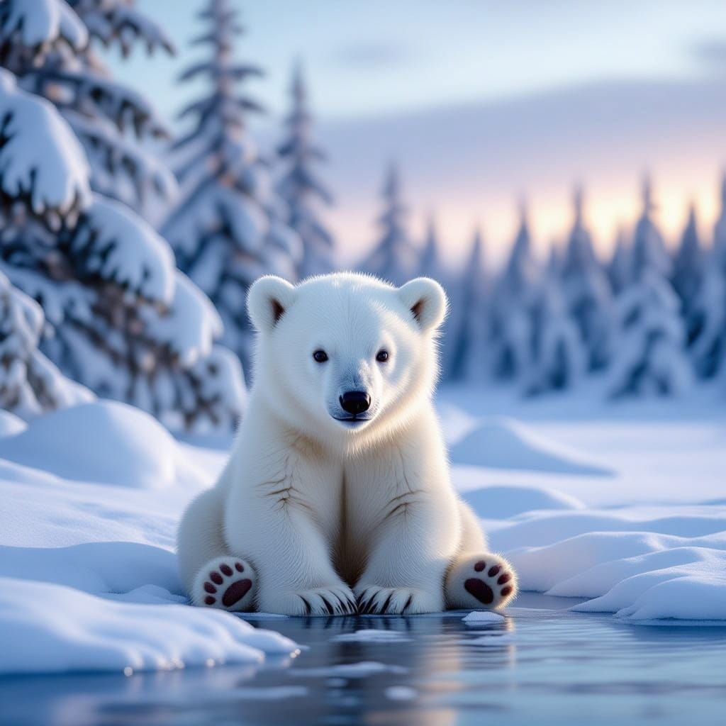Adorable Polar Bear Cub by Frozen Lake in Winter