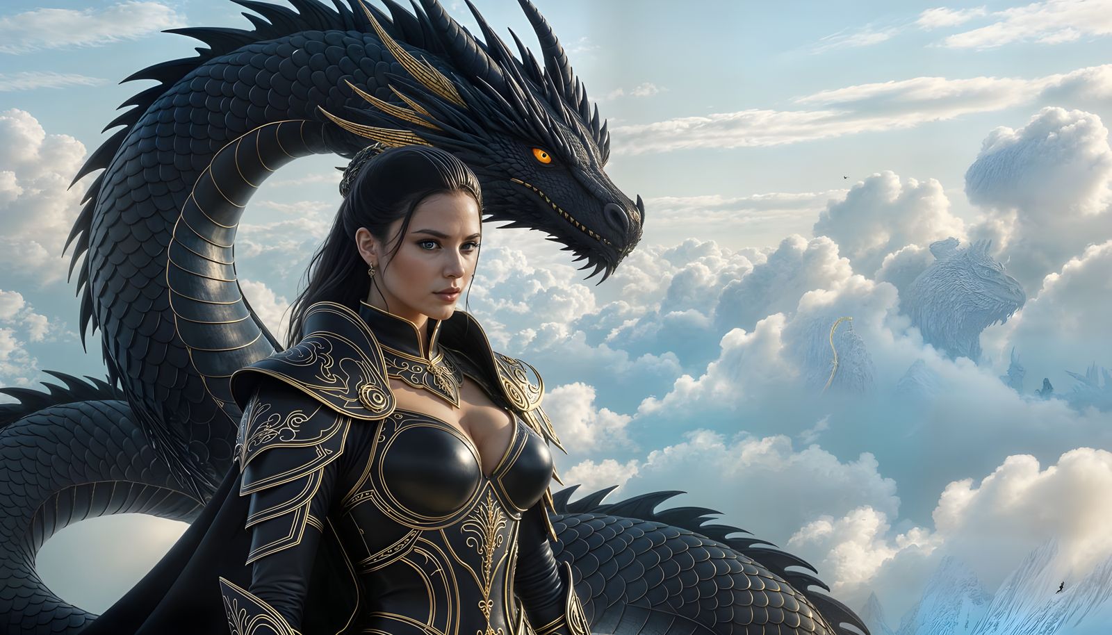 Dragon and Armored Woman in Ethereal Gothic Sky