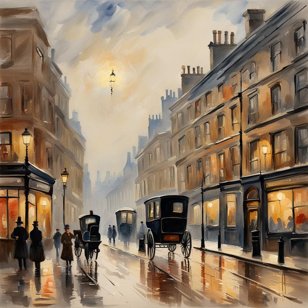Misty London Street, 1880s, in Gouache Style