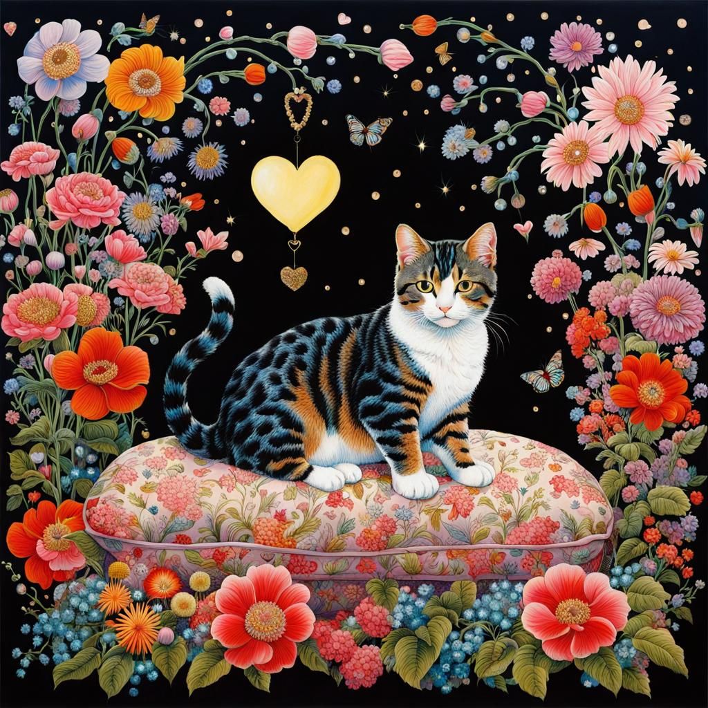 Cat Surrounded by Flowers in Opulent Style